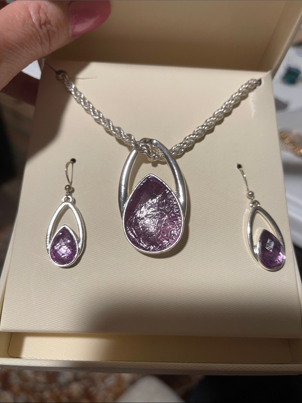 Silver-Tone Purple Teardrop Necklace & Earrings Set